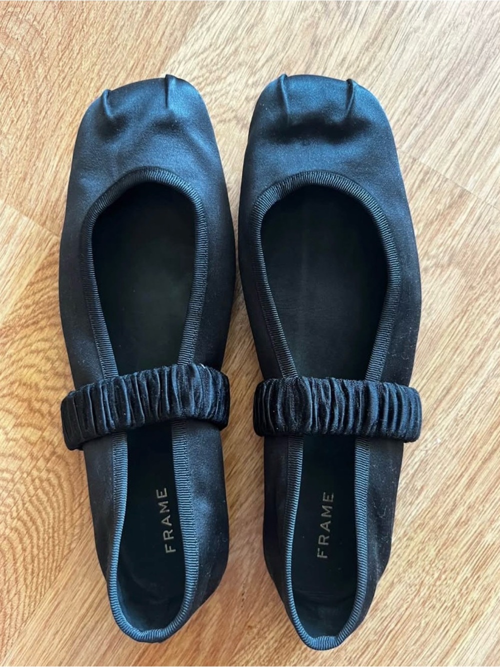 Frame Denim Black Satin Ruched-Strap Ballet Flats